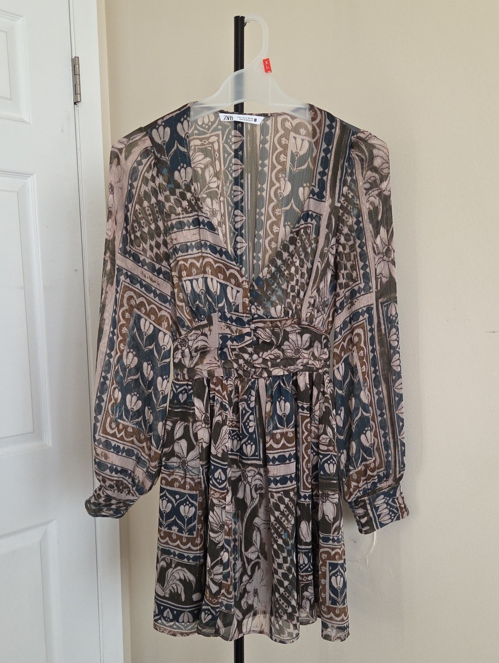 Zara Taupe Navy Brown Floral Patchwork Long Sleeve Mini Dress Boho Western